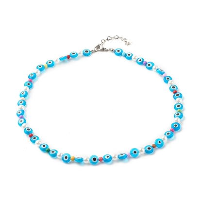 Beaded Necklaces, with Lampwork & Acrylic & ABS Plastic Beads, 304 Stainless Steel & Brass Findings, Eye