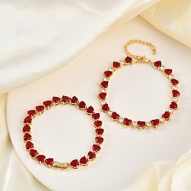 Браслеты-цепочки из латуни с микропаве из красного кубического циркония для женщин, сердце