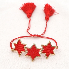 Friendship Star Loom Pattern Seed Beads Bracelets for Women, Adjustable Tassel Nylon Cord Braided Bead Bracelets