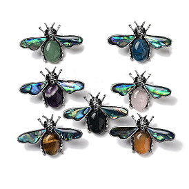 Tibetan Style Alloy Insect Brooch, with Natural Gemstone and Natural Paua Shell, Antique Silver