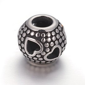 Hollow Retro 316 Surgical Stainless Steel European Style Beads, Large Hole Beads, Round with Heart
