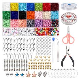 DIY Glass Seed Beads Jewelry Set Making Kit, Including Glass Seed & Plastic & Acrylic Bead, Alloy Enamel Pendant, Elastic Thread, Iron & Alloy & Stainless Steel Findings, Tools