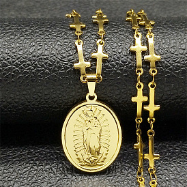304 Collar de cadena de eslabones cruzados con colgante de virgen con medalla milagrosa de acero inoxidable