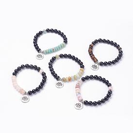 Bracelets de charme de perles d'obsidienne naturelle, avec des perles naturelles de pierres précieuses, pendentifs en alliage et perles en laiton, Emballage en toile de jute, plat rond de lotus