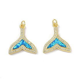 Brass Micro Pave Cubic Zirconia Pendants, with Synthetic Opal and Jump Ring, Fishtail