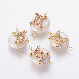 Natural Pearl Links Connectors, with Brass Micro Pave Cubic Zirconia Findings, Flat Round with Constellation