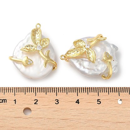 Pendentifs en perles keshi baroques naturelles, avec placage en crémaillère, pavé de laiton, zircone cubique, charmes rondes plates, réel 14 k plaqué or