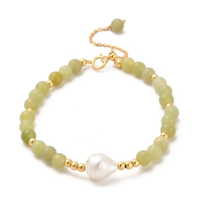 Natural Xiuyan Jade Bead Bracelets, with Sterling Silver Beads and Pearl Beads, Real 18K Gold Plated