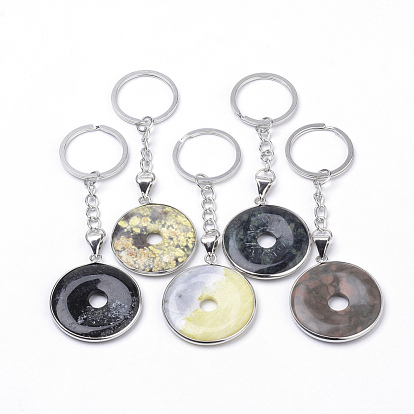 Synthetic & Natural Mixed Stone Keychain, with Iron Findings, Donut/Disc, Platinum
