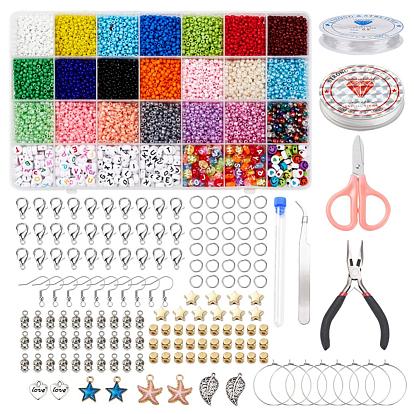 DIY Glass Seed Beads Jewelry Set Making Kit, Including Glass Seed & Plastic & Acrylic Bead, Alloy Enamel Pendant, Elastic Thread, Iron & Alloy & Stainless Steel Findings, Tools
