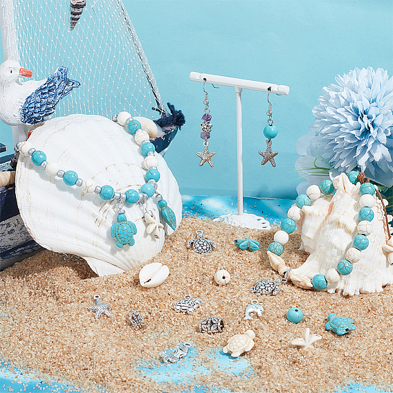 Наборы для изготовления ювелирных изделий своими руками, включая подвески и вешалки из сплава черепахи, русалки, дельфина и морской звезды, синтетическая бирюза, натуральная ракушка и стеклянный бисер, Перейти латунные