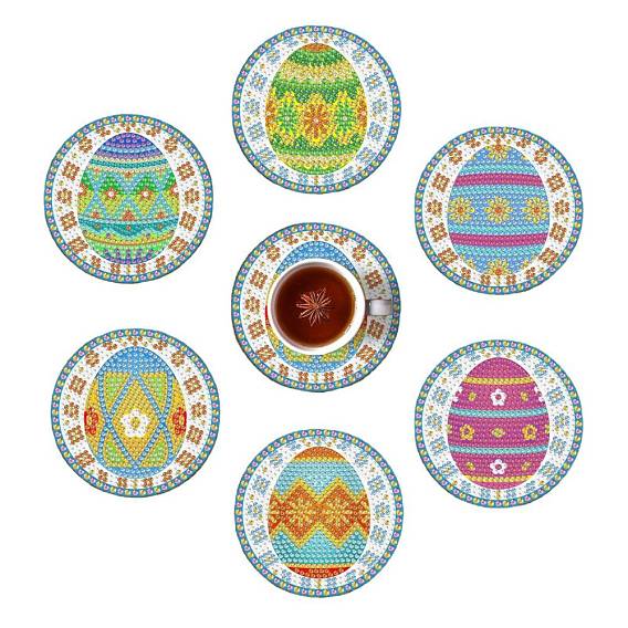 DIY Easter Theme Egg Pattern Coaster Diamond Painting Kits, including Wooden Coaster, Iron Coaster Holder, Resin Rhinestones, Diamond Sticky Pen, Tray Plate and Glue Clay