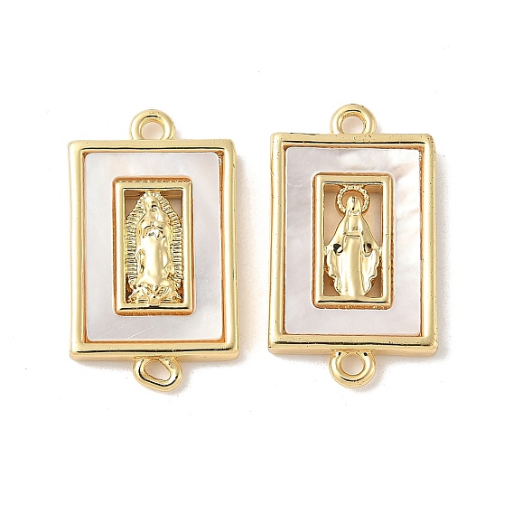 Латунный паве натуральный белый ракушка религиозные соединители подвески, прямоугольник девственные ссылки, долговечный, без свинца и без кадмия, стойки покрытие