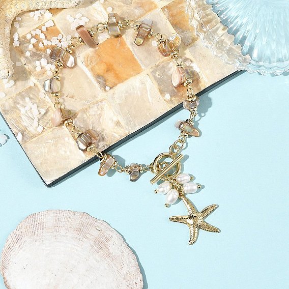 Summer Beach 304 Stainless Steel Starfish Charm OT Bracelets, Natural Freshwater Shell Nuggets Beaded Chain Bracelets for Women, Seashell Color