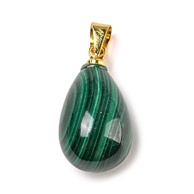 Natural Malachite Pendants, Teardrop Charms with Golden Plated Alloy Snap on Bails