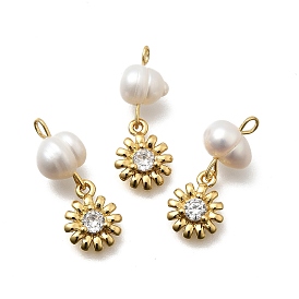 Латунные микро проложить кубического циркония подвески, цветок, стойки покрытие, долговечный, без кадмия и без свинца, реальный 18 k позолоченный, с натуральной жемчужиной
