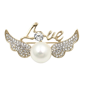 Valentine's Day Wing with Word LOVE Alloy Rhinestone Women's Brooches, with Plastic Imitation Pearl