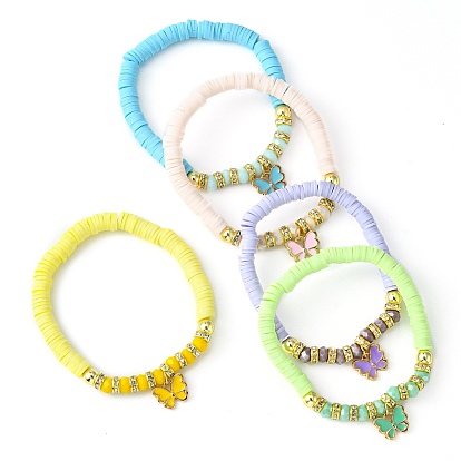 Polymer Clay Disc & Glass Beaded Stretch Bracelet, with Alloy Enamel Butterfly Charms