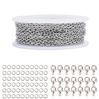 Fabrication de bijoux de bricolage, avec 304 chaînes de câble en acier inoxydable, soudé, avec bobine, non soudée, sans plomb et sans cadmium, fermoirs mousquetons en laiton et 304 anneaux de saut en acier inoxydable