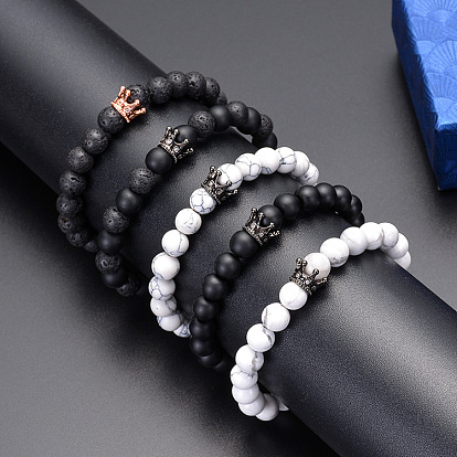 Lava Stone White Turquoise Couple Bracelet with Crown Charm and Zirconia Inlay