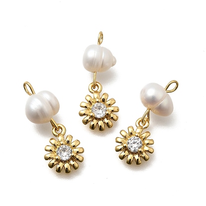 Латунные микро проложить кубического циркония подвески, цветок, стойки покрытие, долговечный, без кадмия и без свинца, реальный 18 k позолоченный, с натуральной жемчужиной
