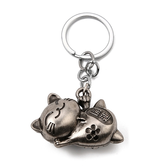 Porte-clés alliage, Maneki neko / chat faisant signe, avec les accessoires en fer