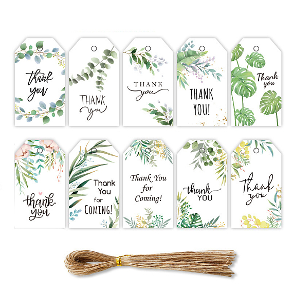 50Pcs 10 Styles Rectangle Paper Thank You Hanging Gift Tags, Floral Print Gift Tags with Hemp Cord, for Party Gift Packaging