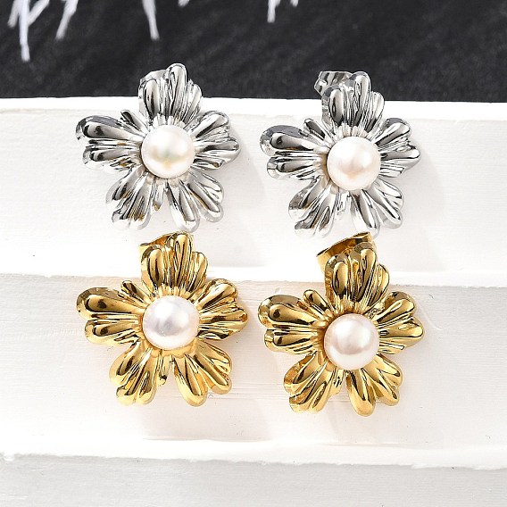 304 Результаты серьги из нержавеющей стали, с натуральным пресноводным жемчугом, ионное покрытие (ip), цветок