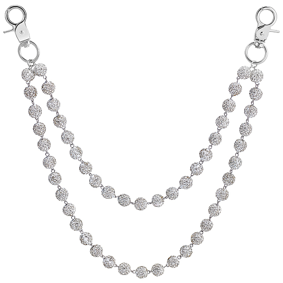 1Pc Polymer Clay Rhinestone Round Beaded Pants Chains, with Zinc Alloy Clasps, Platinum
