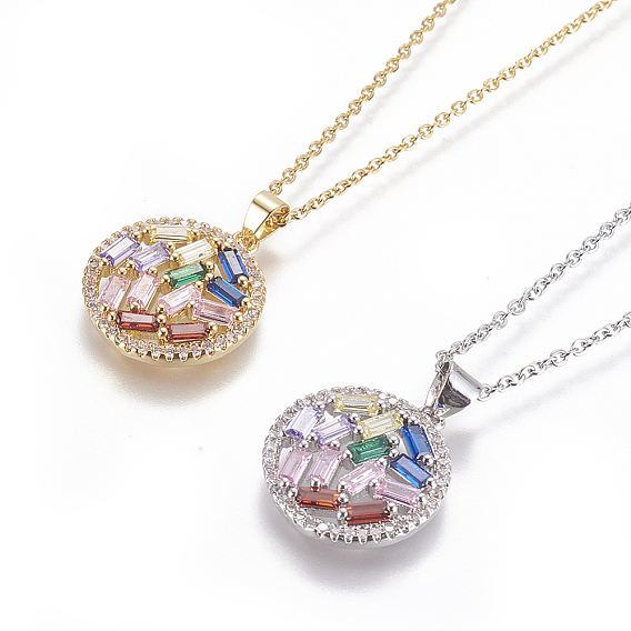 304 подвесные из нержавеющей стали ожерелья, с кубическими кубическими циркониевыми подвесками, плоско-круглые