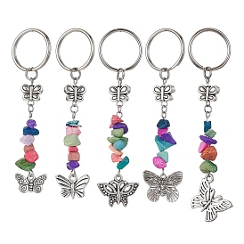 Porte-clés à breloque papillon en alliage, avec des éclats de turquoise synthétique teints et des porte-clés fendus en fer
