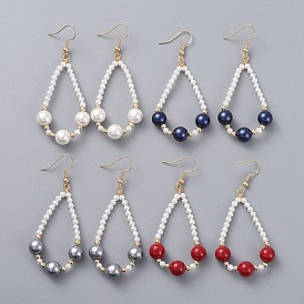 Shell Pearl Dangle Earrings, with Golden Plated Brass Earring Hooks, Brass Beads and Cardboard Packing Box