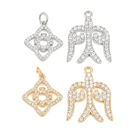 Brass Micro Pave Clear Cubic Zirconia Pendants, Rhombus Flower/Swallow Charms