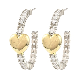 Rack Plating Brass Heart Stud Earrings, Cubic Zirconia Half Hoop Earrings, Long-Lasting Plated, Lead Free & Cadmium Free