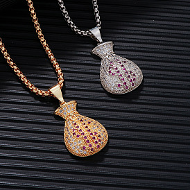 Fashion Hip-hop Street Style Brass Old Rose & Clear Cubic Zirconia Money Bag Pendant Box Chain Necklaces