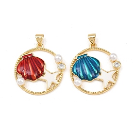 Кулоны с фианитами из латуни, с пластмассовой жемчужиной abs, кольцо с подвесками в форме ракушек, реальный 18 k позолоченный, без свинца и без кадмия, долговечный, стойки покрытие