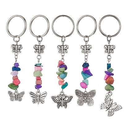 Alloy Butterfly Charm Keychain, with Dyed Synthetic Turquoise Chips and Iron Split Key Rings