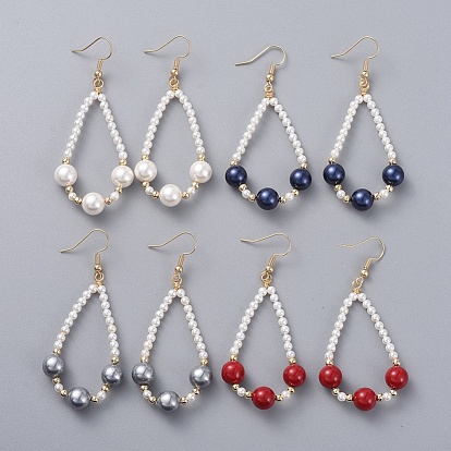 Shell Pearl Dangle Earrings, with Golden Plated Brass Earring Hooks, Brass Beads and Cardboard Packing Box