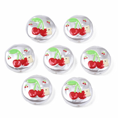3D Printed ABS Plastic Imitation Pearl Beads, Flat Round with Cherry