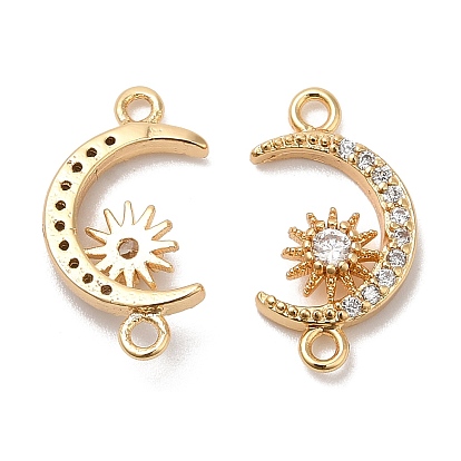Brass Micro Pave Clear Cubic Zirconia Connector Charms, Moon Links with Sun