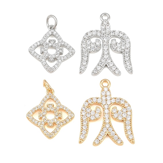Brass Micro Pave Clear Cubic Zirconia Pendants, Rhombus Flower/Swallow Charms