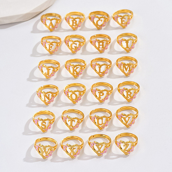 Регулируемые кольца для пальцев с латунным жемчугом и розовой эмалью в форме сердца и цветка, без кадмия, без никеля и без свинца, золотые