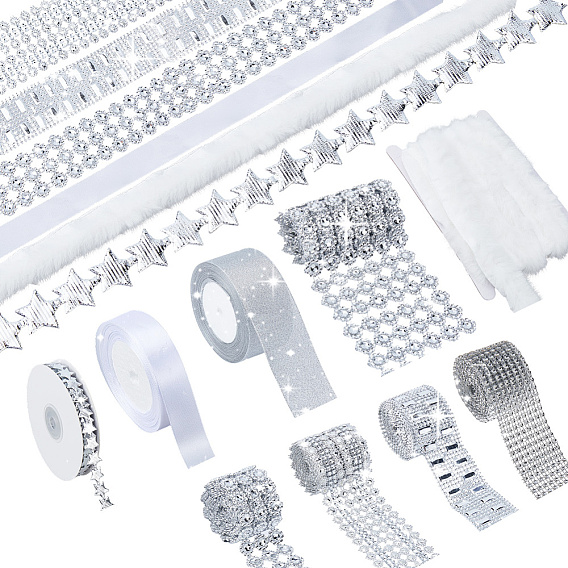Sternband aus Polyester, mit Satinband, Strasssteine aus Kunststoff, Glitzer-Metallband, für Hochzeitsfeierdekoration Geschenkverpackung