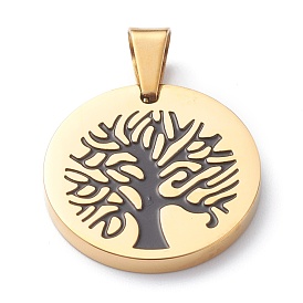 304 Stainless Steel Pendants, with Enamel, Polishing, Flat Round with Tree