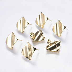 Brass Stud Earring Findings, with Loop, Square, Real 18K Gold Plated