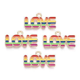 Rainbow Color Pride Alloy Enamel Pendants, Word Love Charms, Light Gold