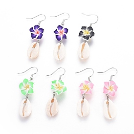 Brass Dangle Earrings, with Shell and Handmade Polymer Clay Plumeria Flower