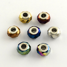 Glass European Beads, Large Hole Beads with Brass Plating Silver Color Plated Double Cores, Faceted, Rondelle, 14x9mm, Hole: 5mm