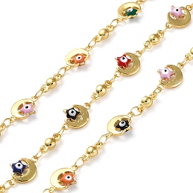 Evil Eyes Theme Brass Enamel Link Chains, Real 18K Gold Plated, Soldered, with Spools, Long-Lasting Plated, Moon & Star