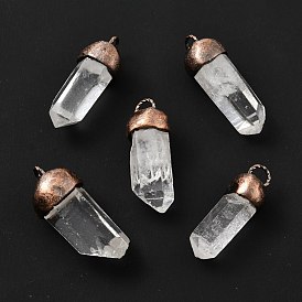 Natural Quartz Crystal Pendants, Rock Crystal Pendants, with Red Copper Tone Brass Findings, Lead Free & Cadmium Free, Faceted, Bullet